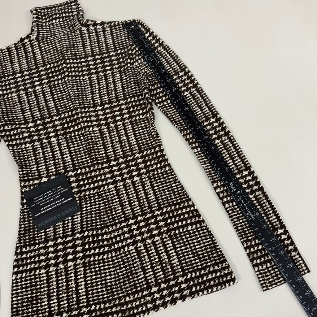 NORMA KAMALI Front Zip Slim Fit Turtle Top Women's Sz XXS/32 Chocolate Plaid Tweed