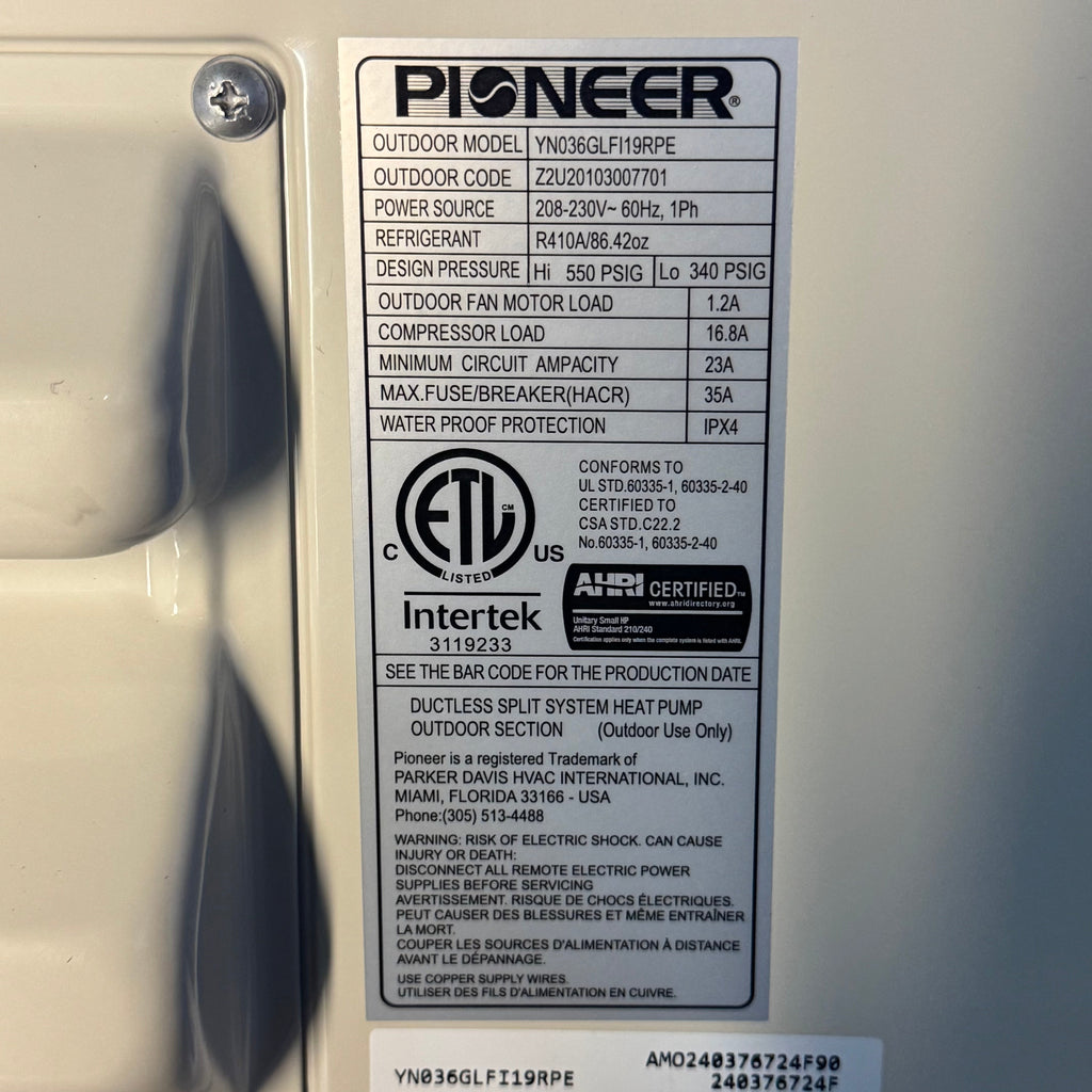 PIONEER 36,000 BTU 19 SEER 230V High-Wall Mini-Split Air Conditioner Inverter Heat Pump With 16 Ft. Kit White YN036GLFI19RPE/WT036GLFI19HLE