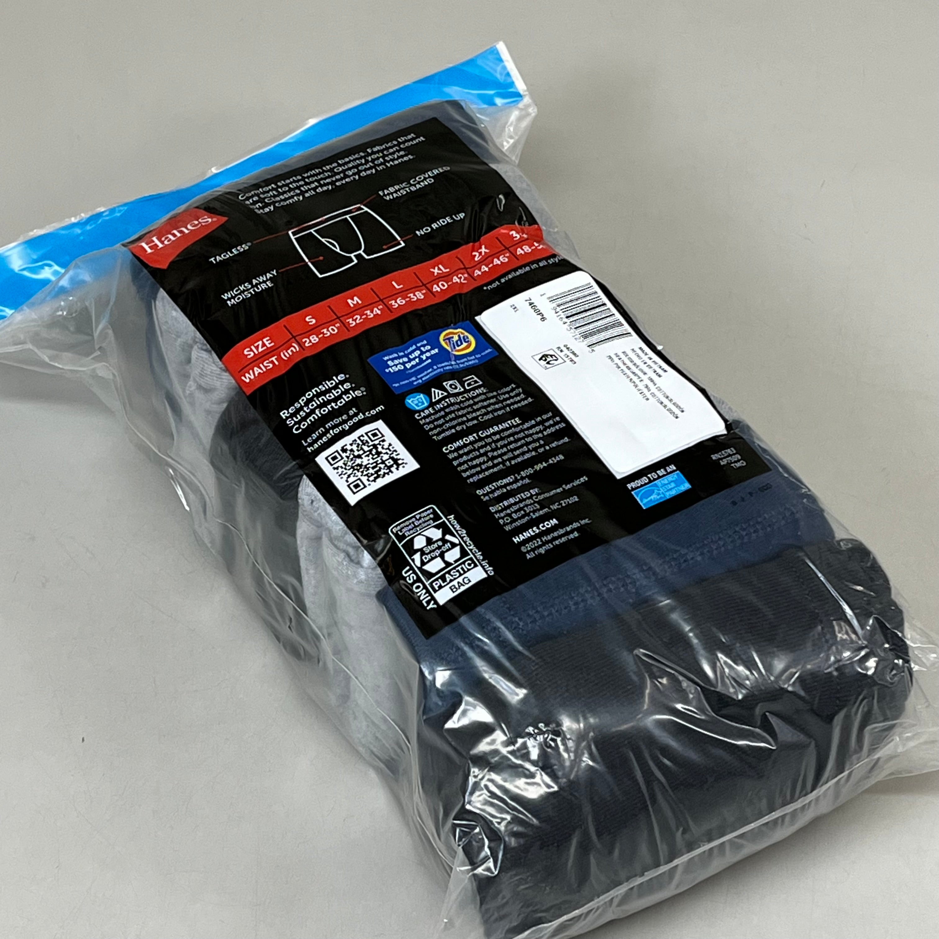 HANES (6 PACK!) Men's Boxer Briefs Sz 2XL 44-46" Black/Blue/Grey 7460P6