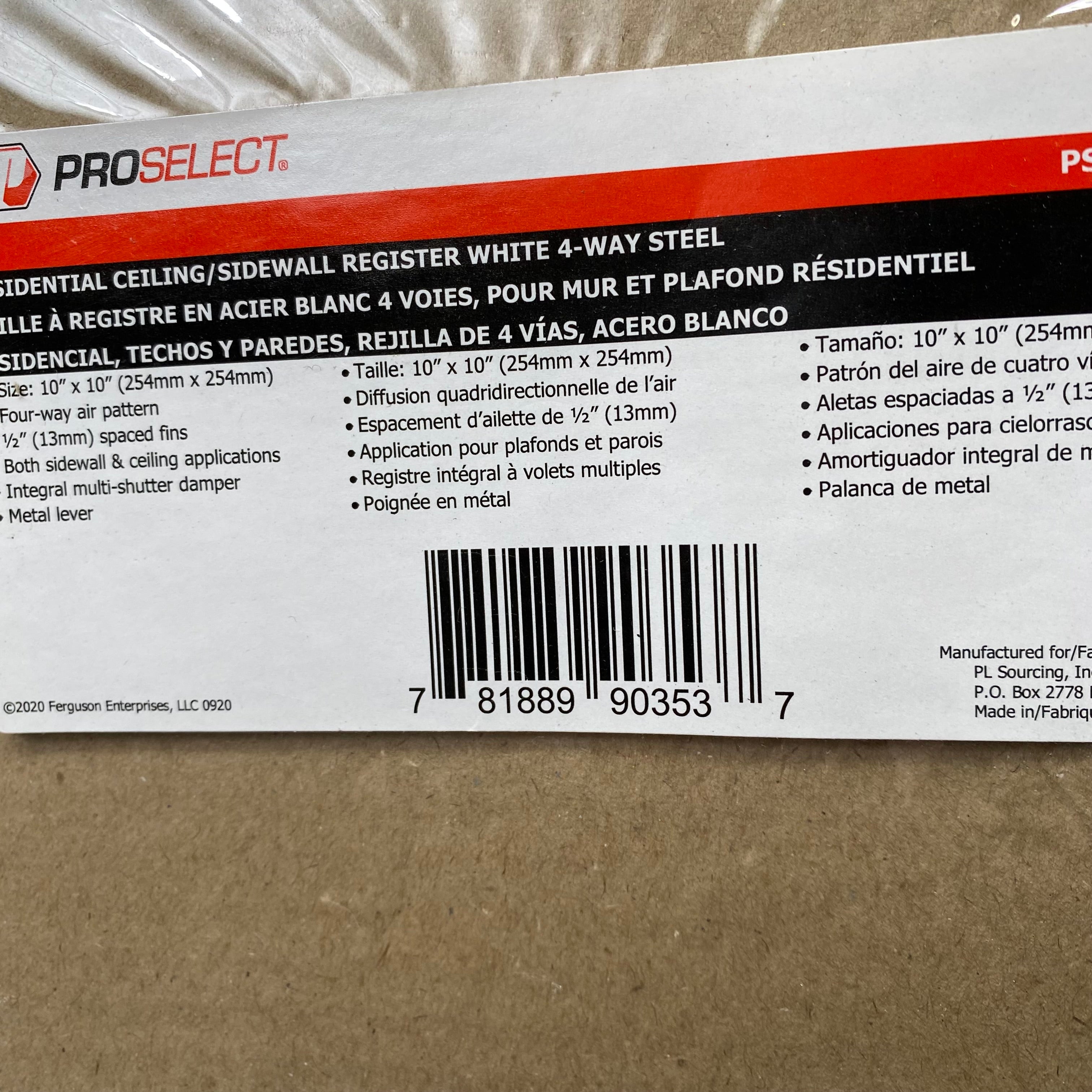 PROSELECT Wall/Ceiling Register W/ Mounting Holes 10"x10" White PS4WW1010100