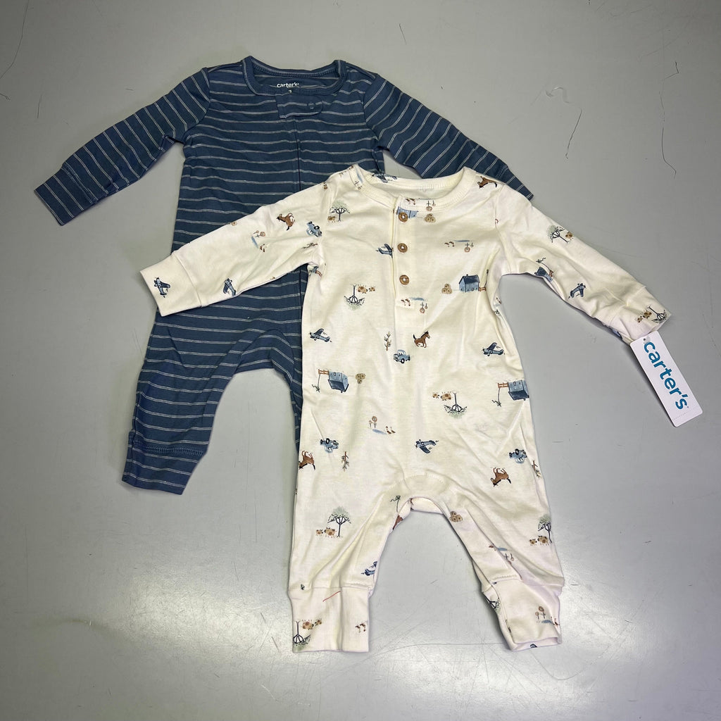 CARTERS (SET OF 2) Soft Farmhouse Pattern Body Suit Baby Boy Newborn Blue/White
