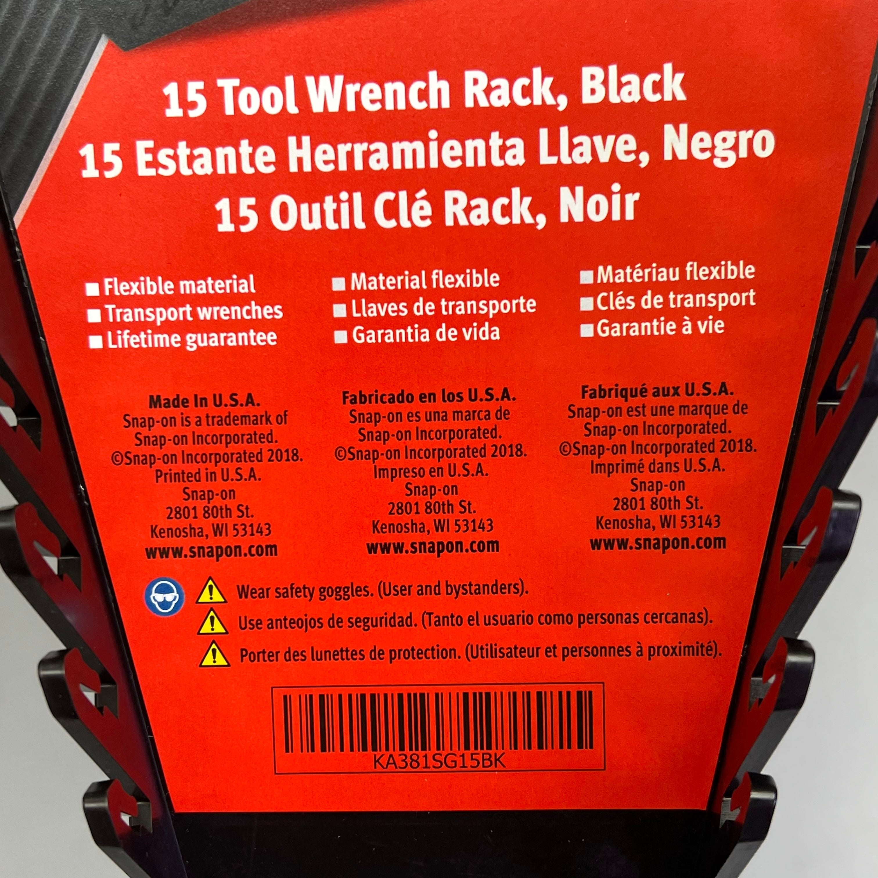 SNAP-ON 15 Tool Wrench Rack W/ Handle Fits 2" Deep Drawers Black KA381SG15BK