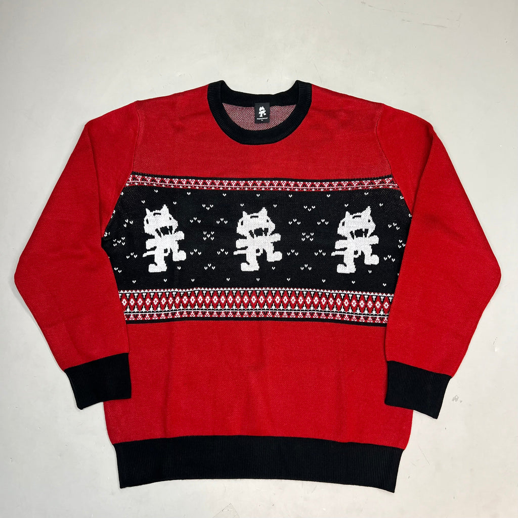 MONSTERCAT Records Holiday Intarsia Pullover Sweater Men's Sz XL Deep Red/Black
