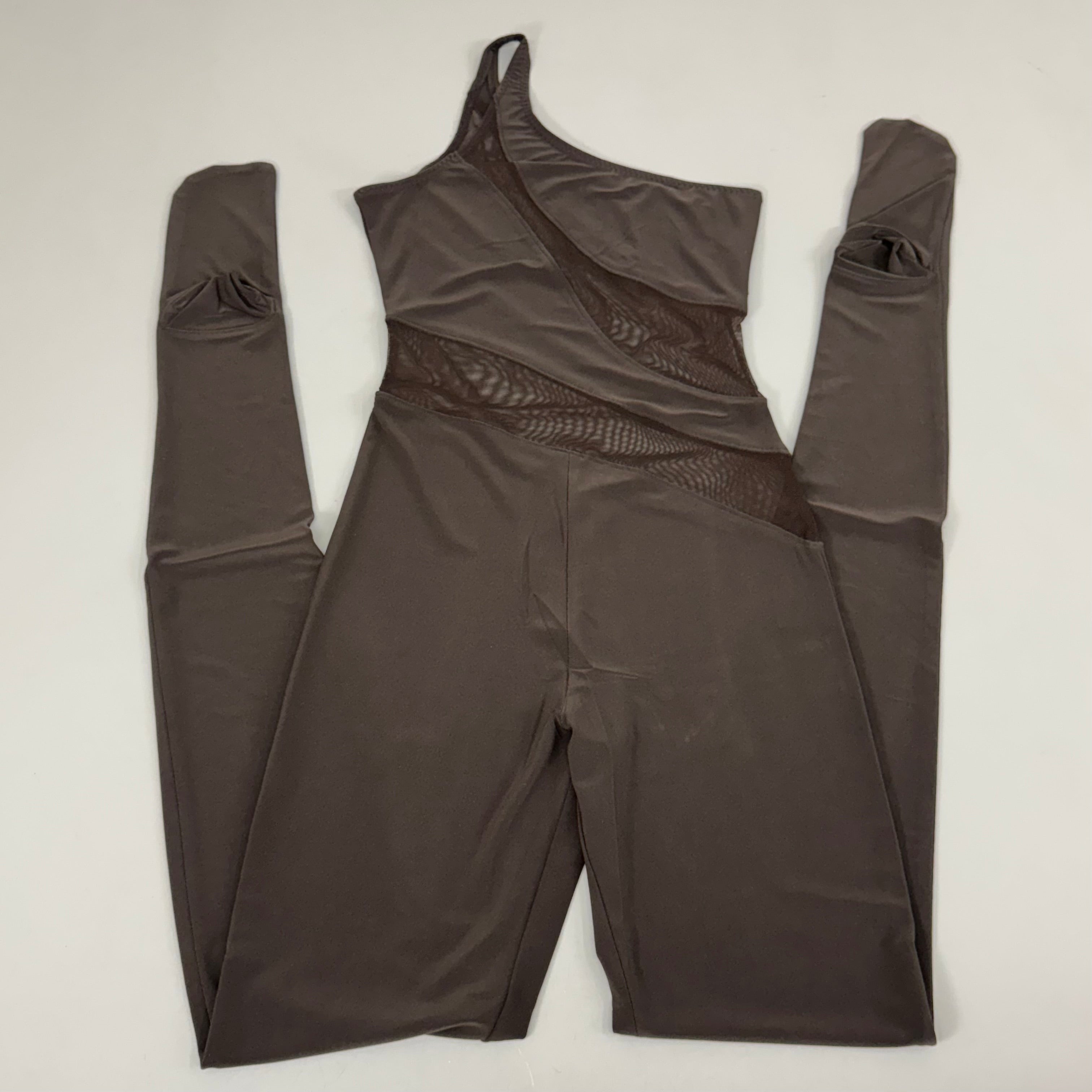 NORMA KAMALI One Shoulder Snake Mesh Catsuit Footsie Women's Sz M/38 Chocolate