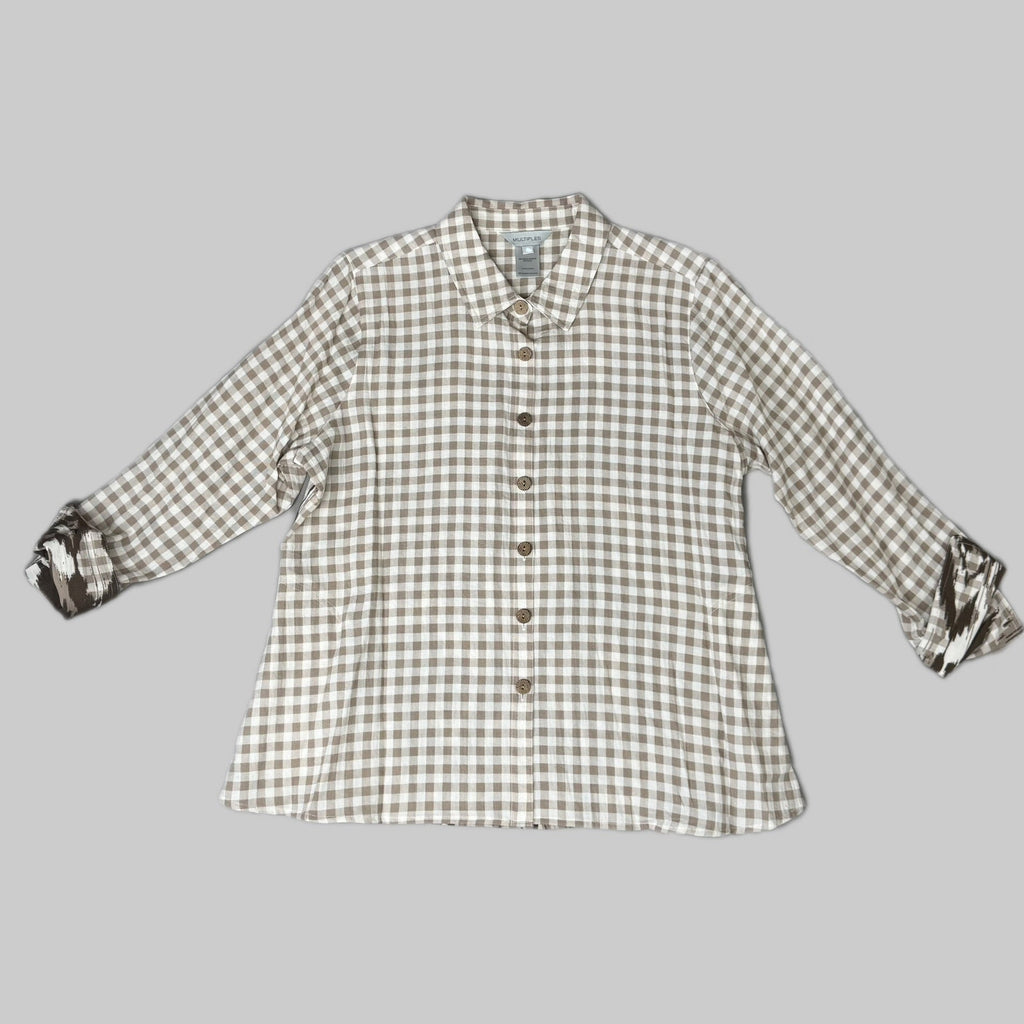 MULTIPLES Button-Up Plaid Shirt w/Cuff Petite Women's Sz PXL Brown/Cream M44506BP
