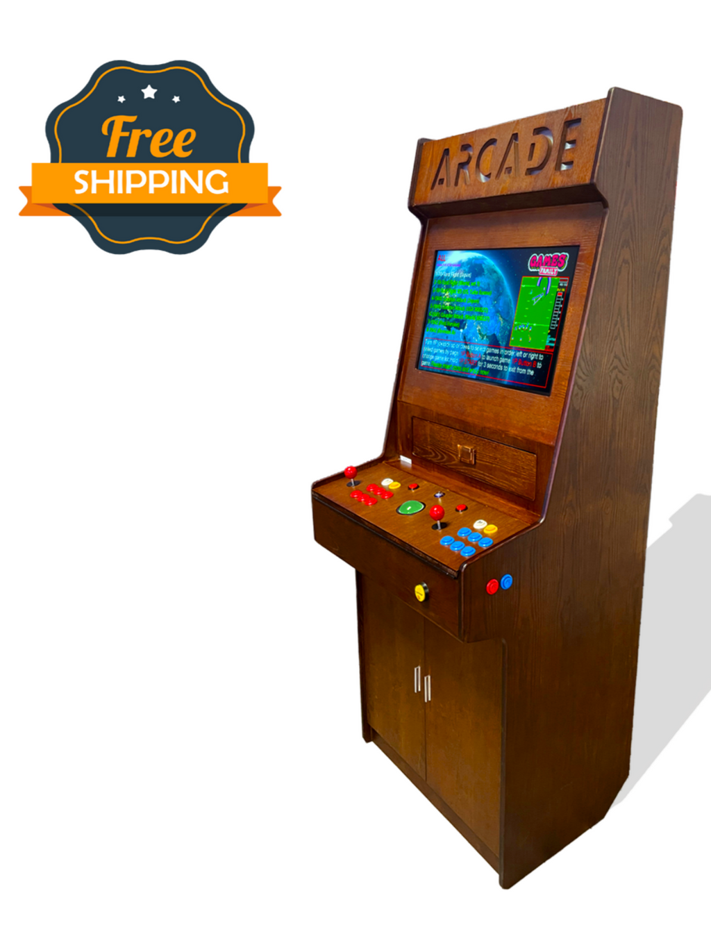 Full-sized two player upright arcade game with wood grain finish (7,000+ games)