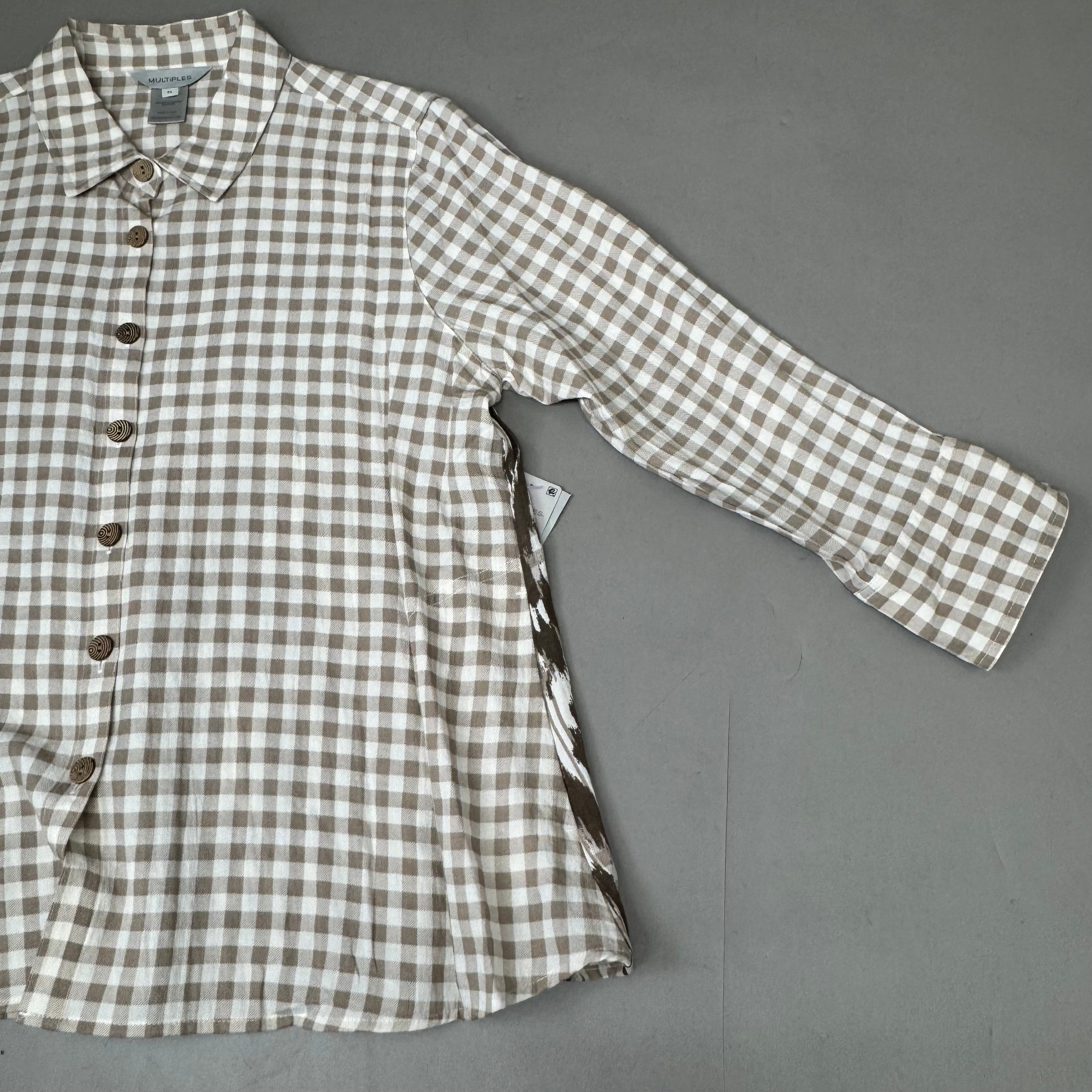 MULTIPLES Button-Up Plaid Shirt w/Cuff Petite Women's Sz PM Brown/Cream M44506BP