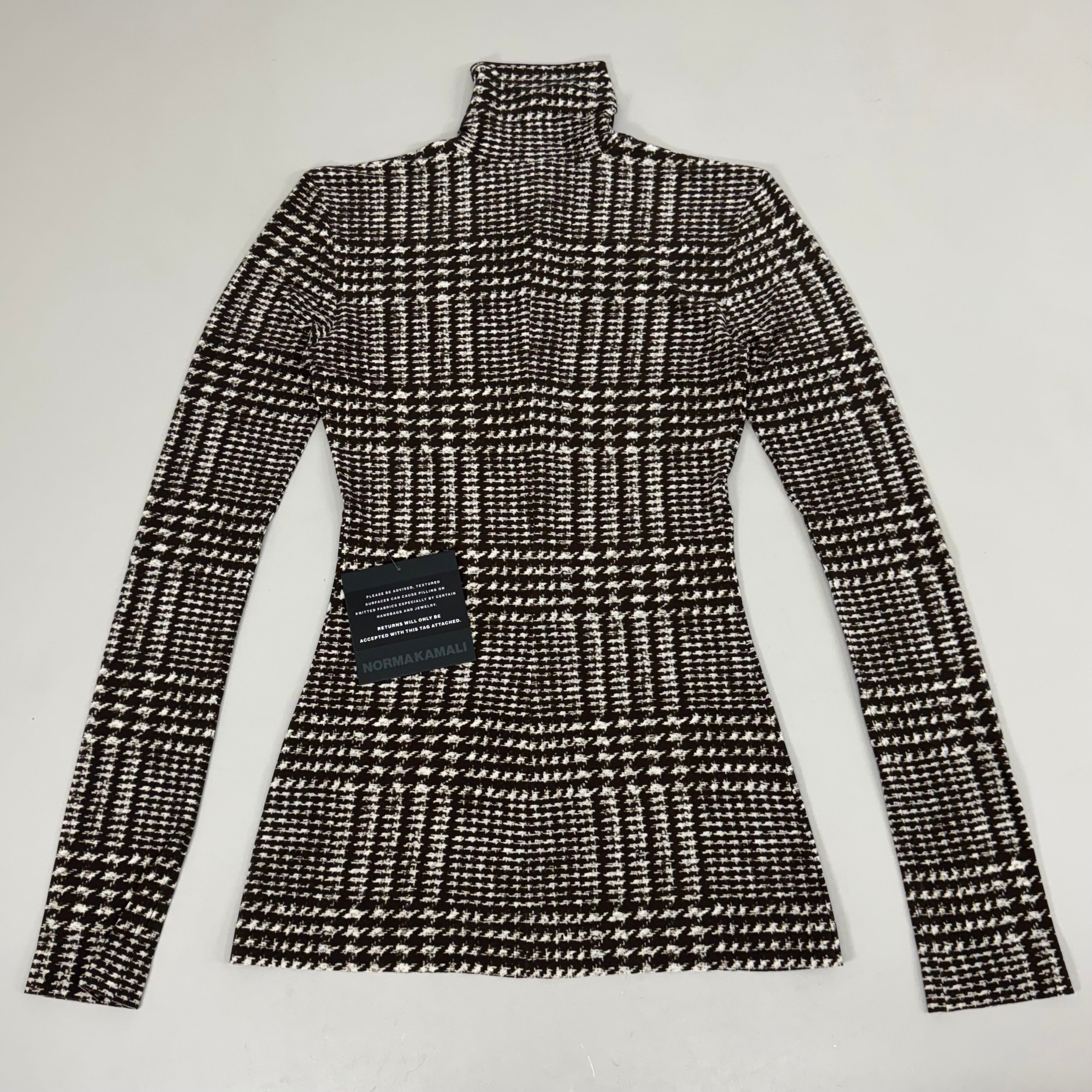 NORMA KAMALI Front Zip Slim Fit Turtle Top Women's Sz XXS/32 Chocolate Plaid Tweed