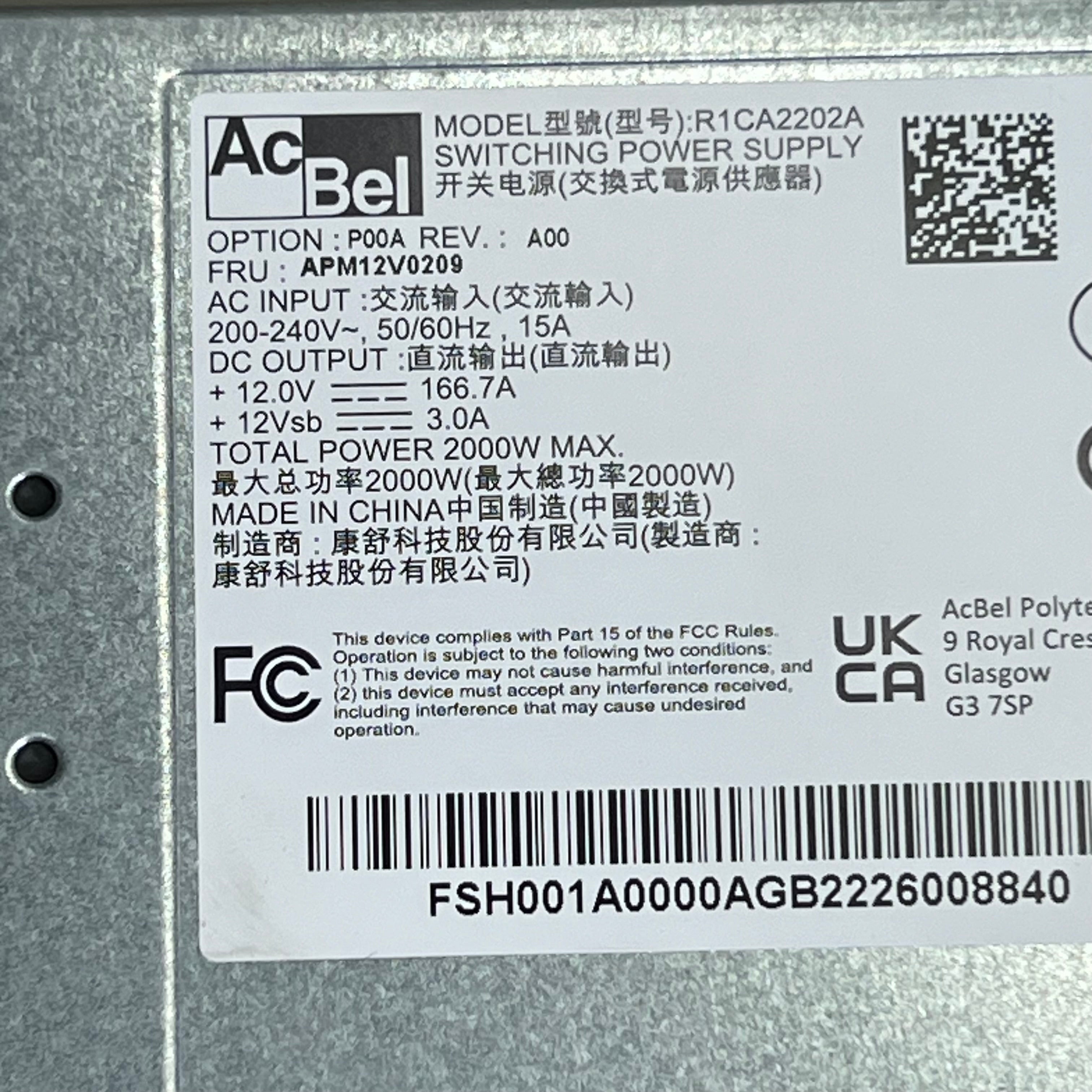 ACBEL Switching Power Supply 80 Plus Platinum 2000W & Cord R1CA2202A