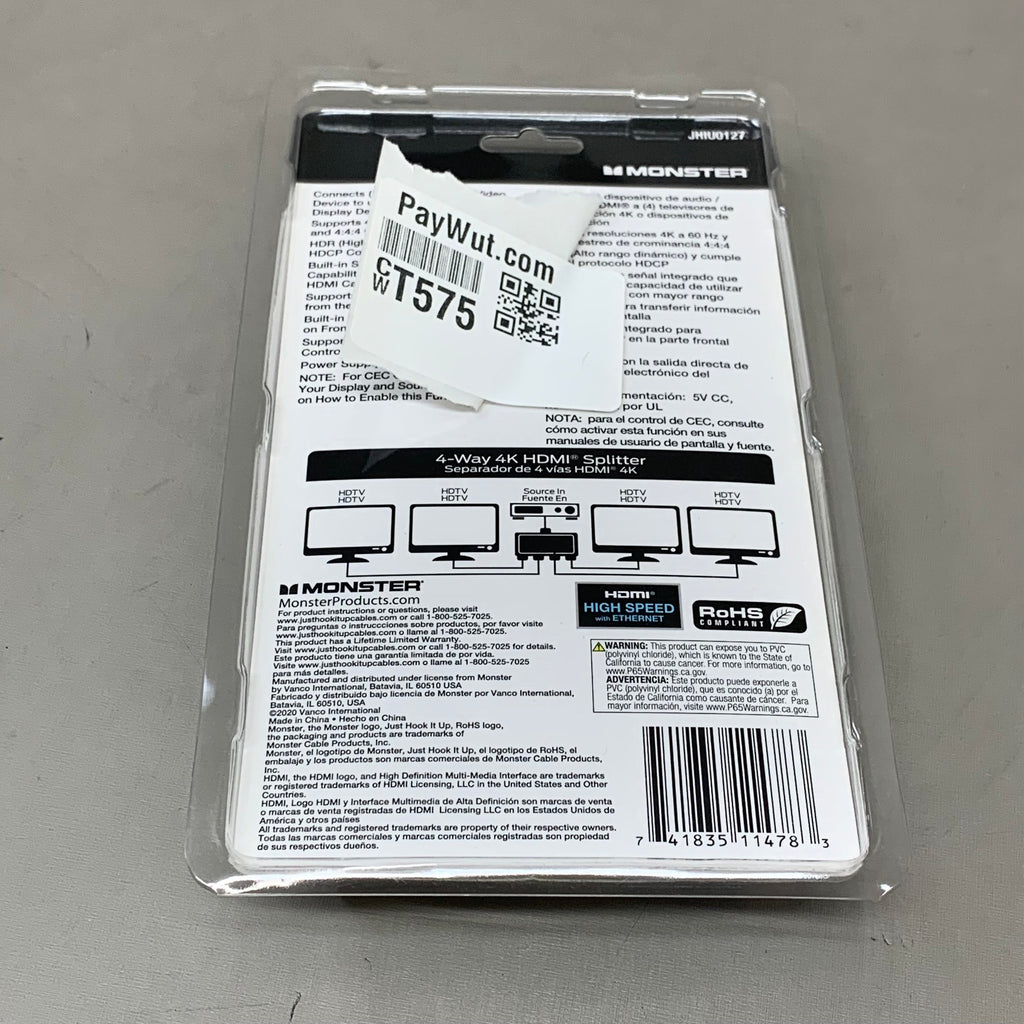 MONSTER 4K 4-Way HDMI Splitter 3"x3"Black JHIU0127