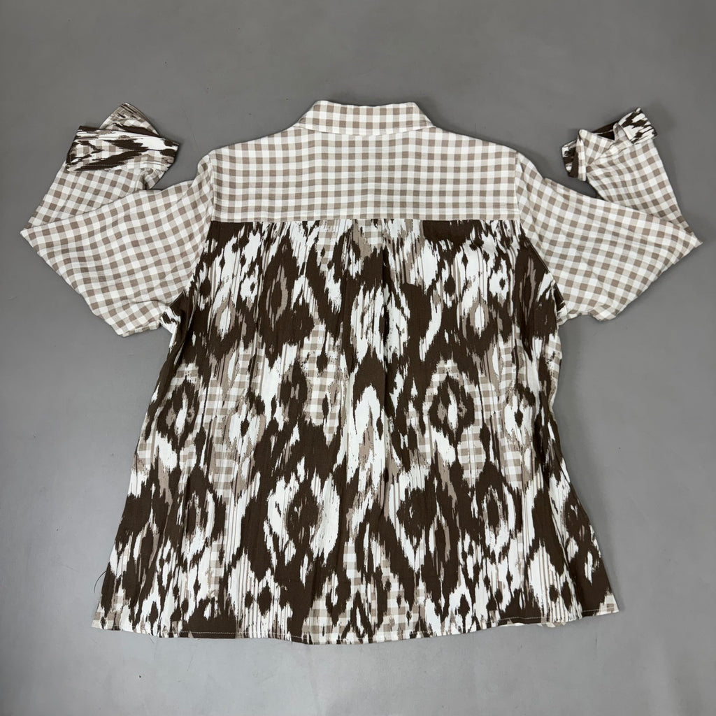 MULTIPLES Button-Up Plaid Shirt w/Cuff Petite Women's Sz PL Brown/Cream M44506BP