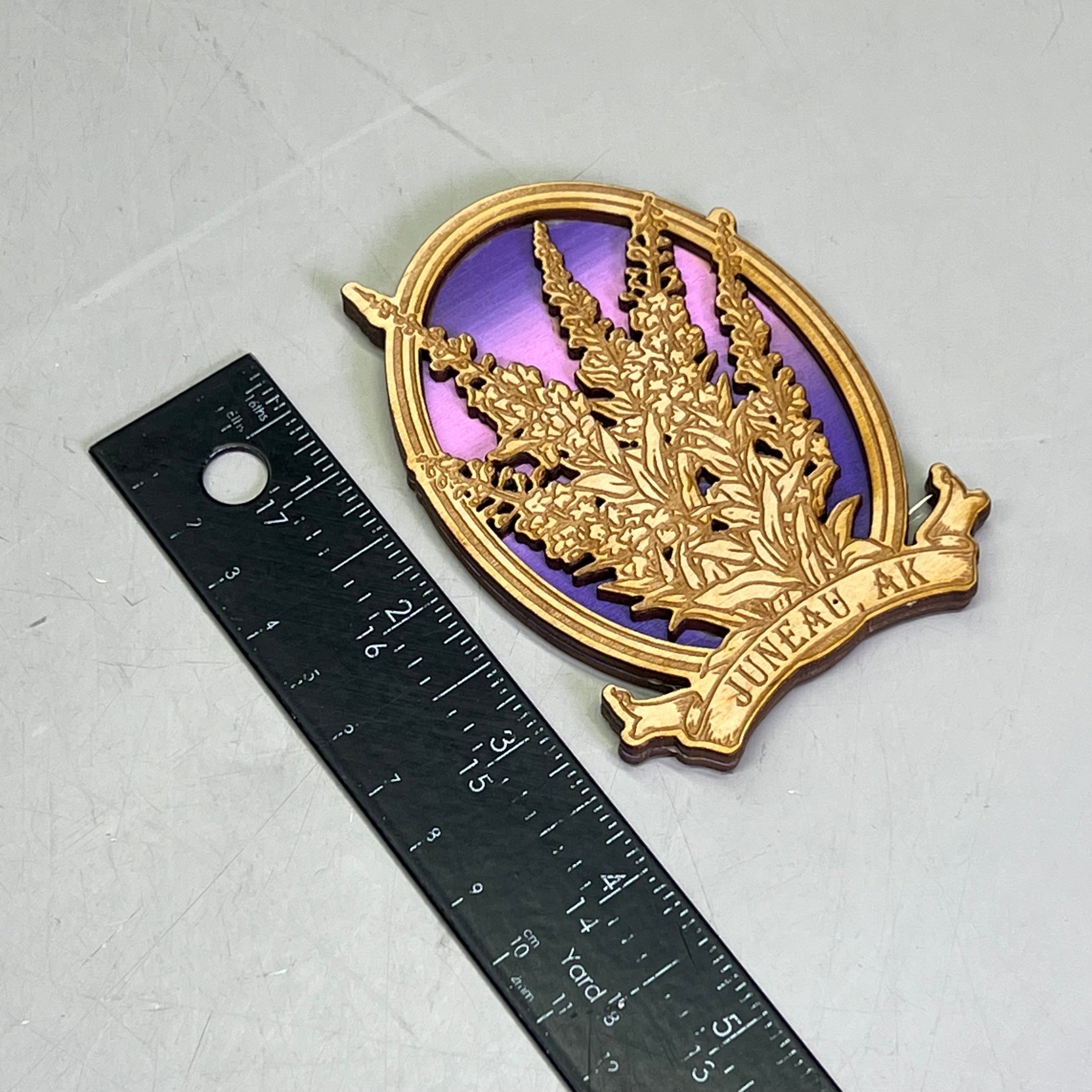 Z@ (2 PACK) Lavender Flowers Laser Cut Wood Magnet Souvenir JUNEAU, AK Made In USA