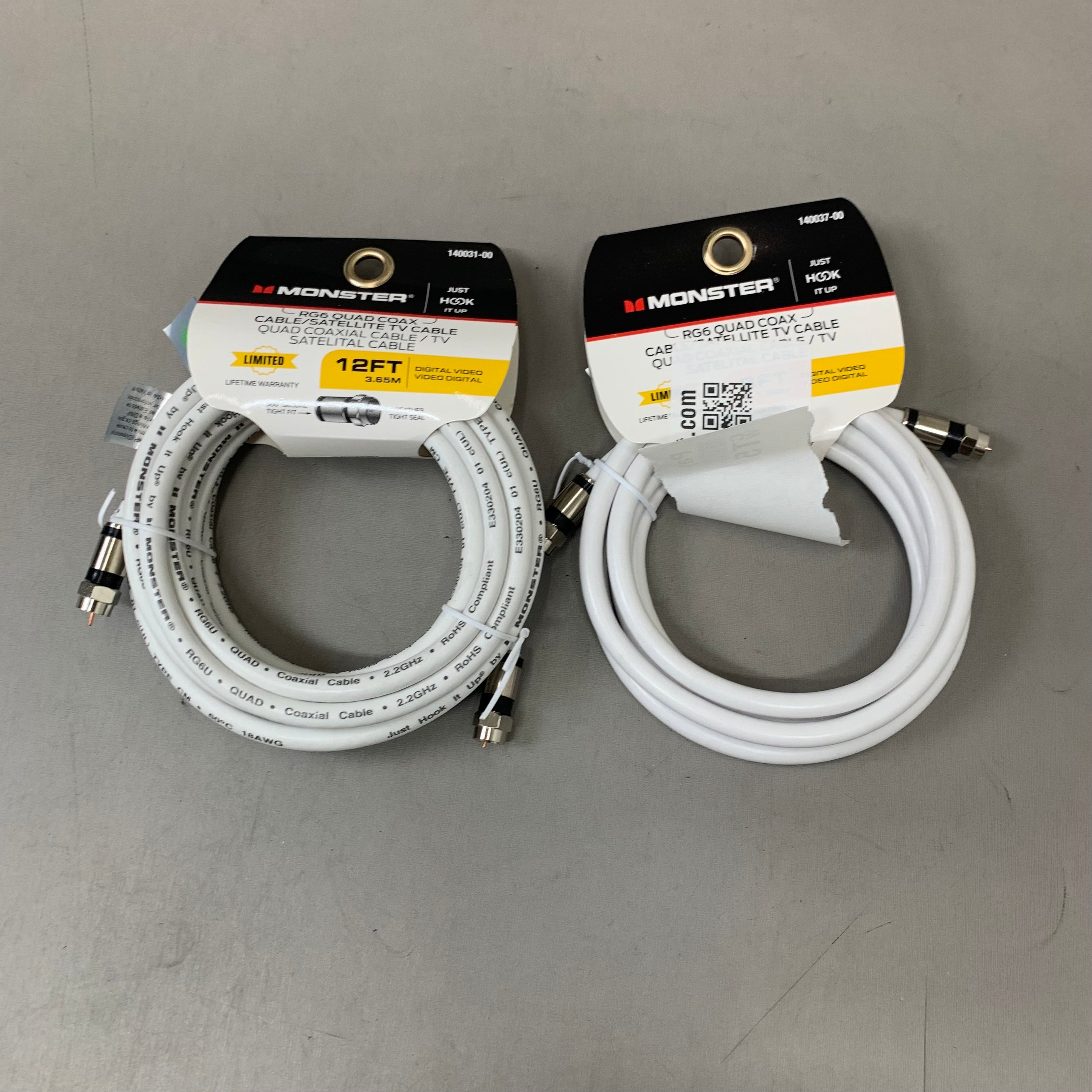 MONSTER (2Pack) RG6 Quad Coax Satellite Tv Cables 6ft, 12ft White 140037-00,140031-00