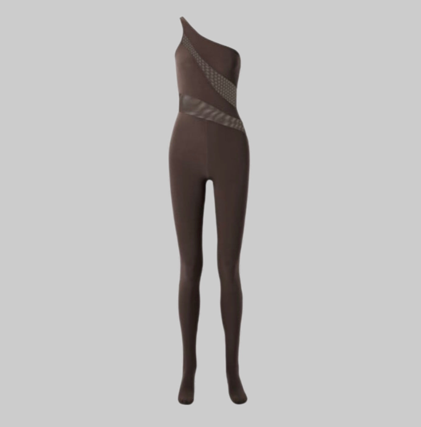 NORMA KAMALI One Shoulder Snake Mesh Catsuit Footsie Women's Sz M/38 Chocolate