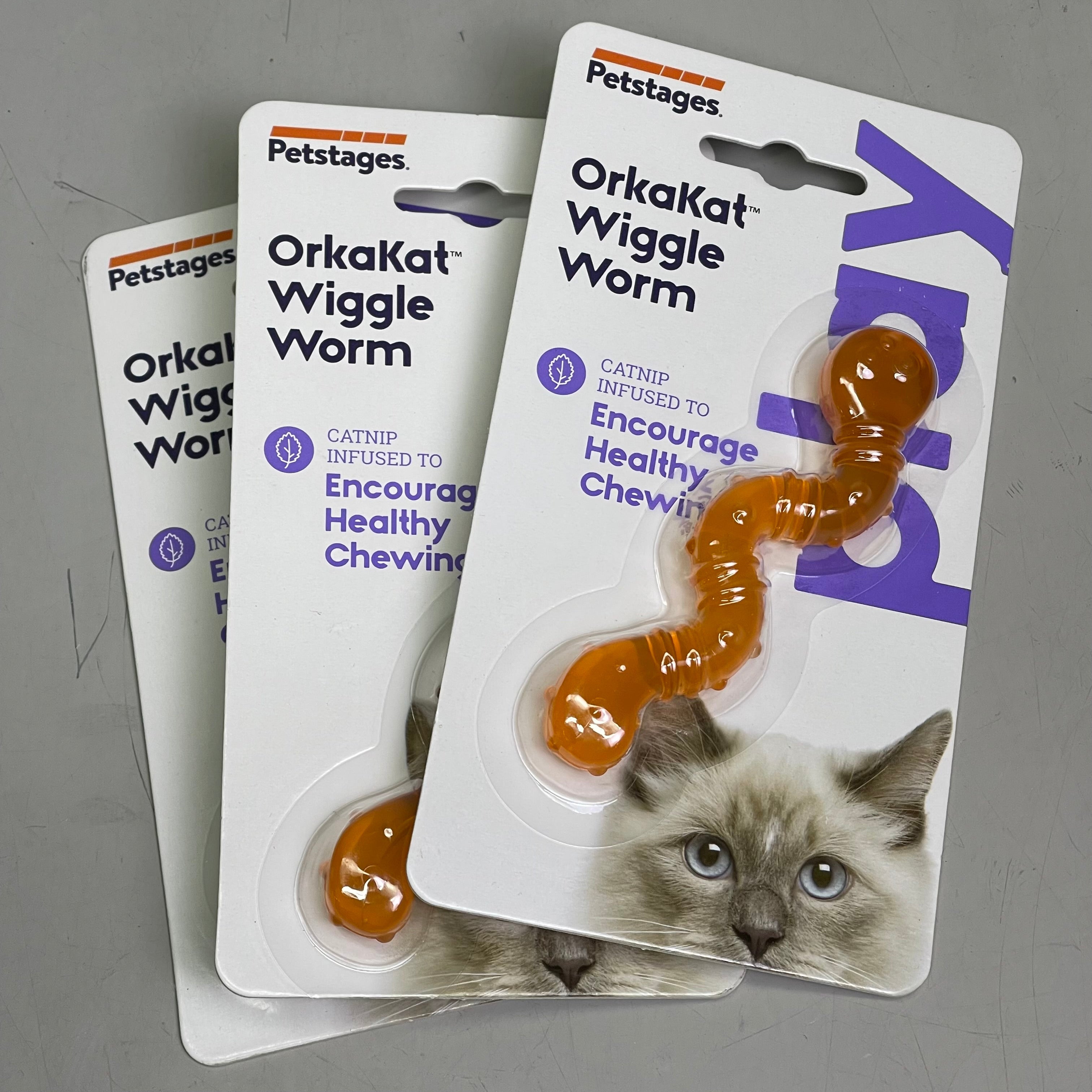 PETSTAGES (3-PACK) Orkakat Wiggle Worm Chew Toy Catnip Dental Orange 329
