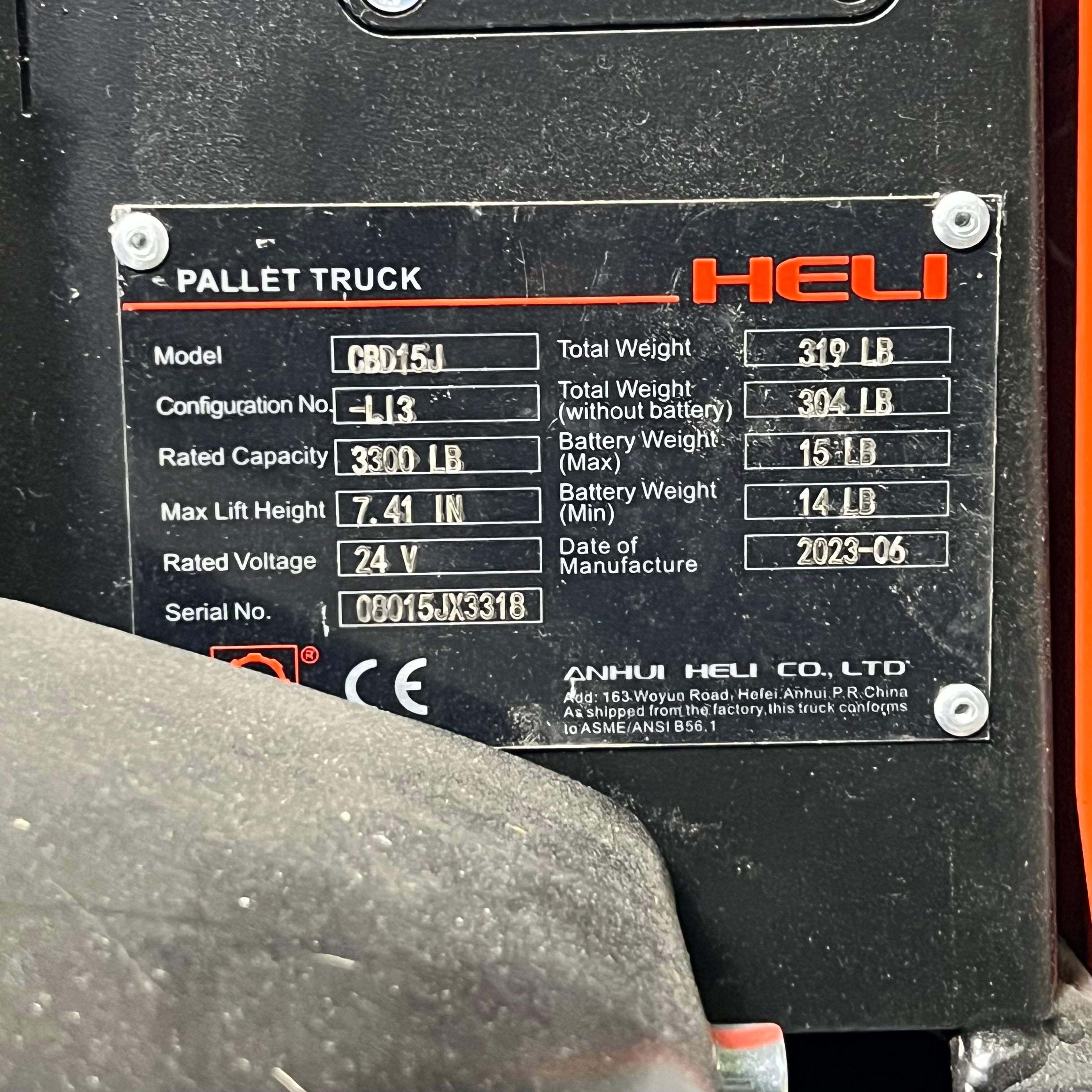 HELI Fully Electric Pallet Jack Truck 3300 lbs Sz 27" W x 60" L CBD15J
