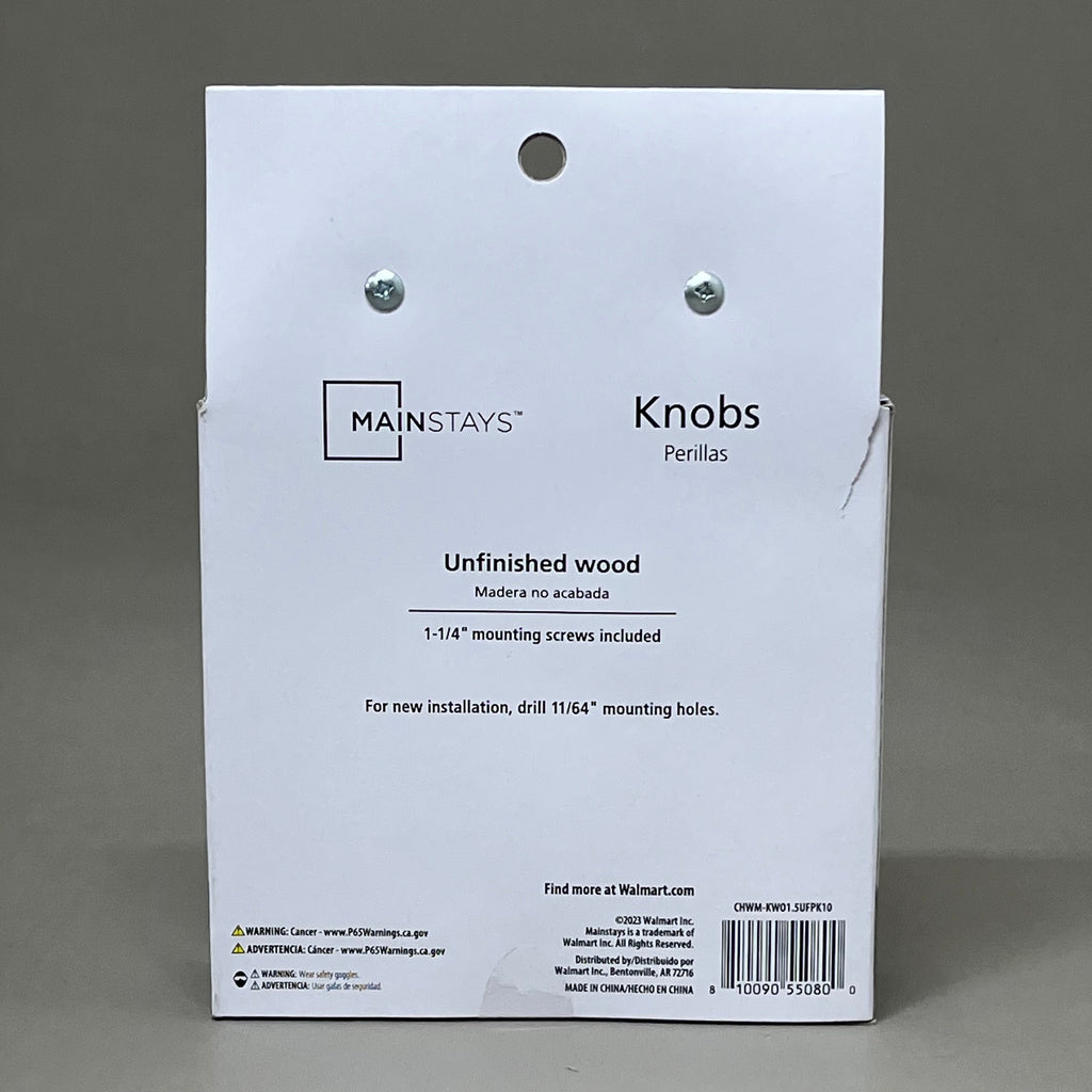 MAINSTAYS (2 PACK, 10 KNOBS EACH) Round Cabinet Knobs 1-1/2" Dia Unfinished Wood