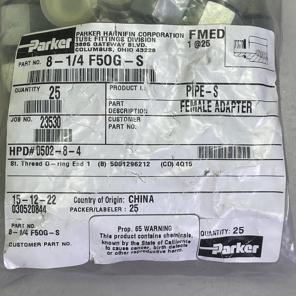 PARKER (25 PACK) Pipe Fitting & Port Adapters 1/4" Steel 8-1/4 F50G-S