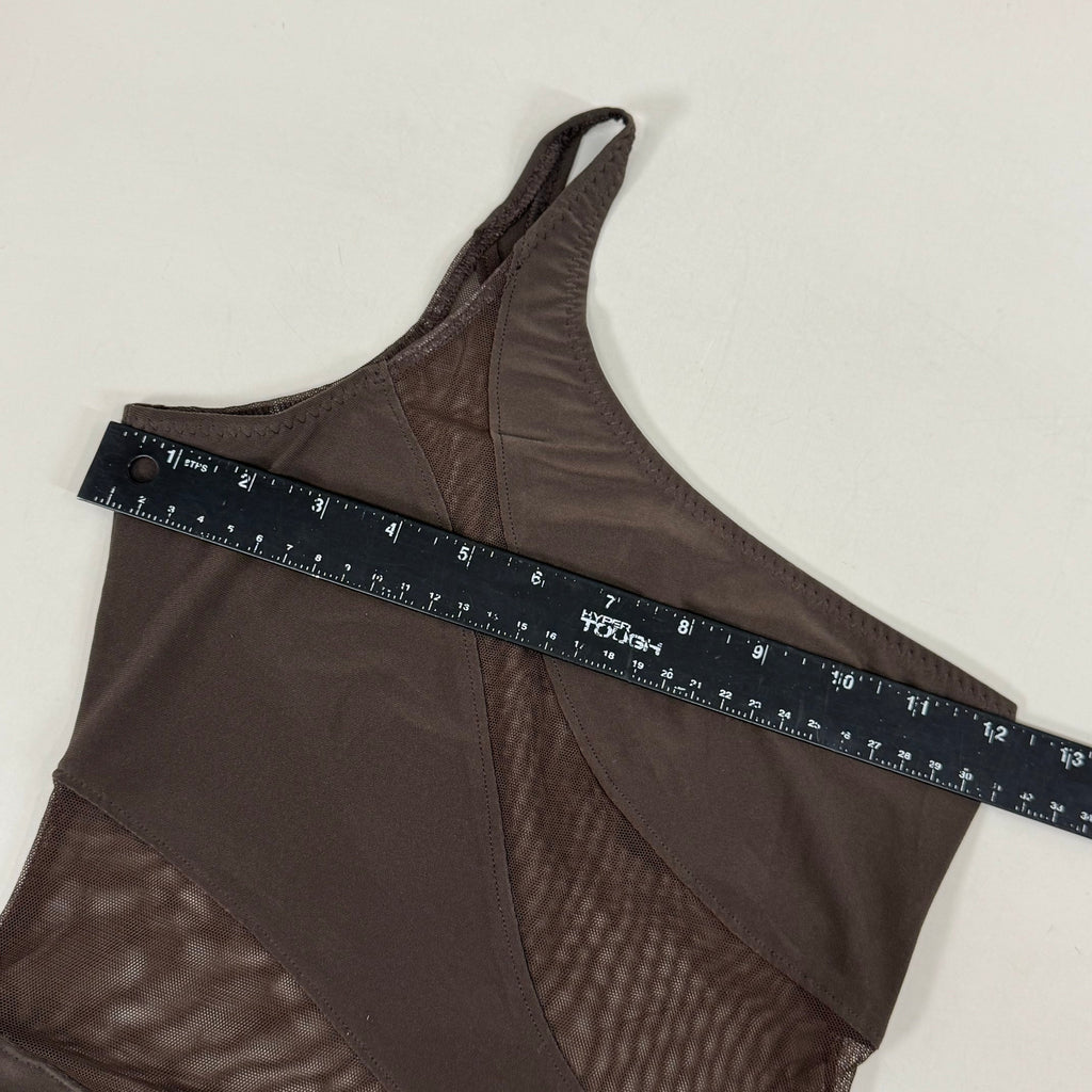 NORMA KAMALI One Shoulder Snake Mesh Catsuit Footsie Women's Sz XXS/32 Chocolate