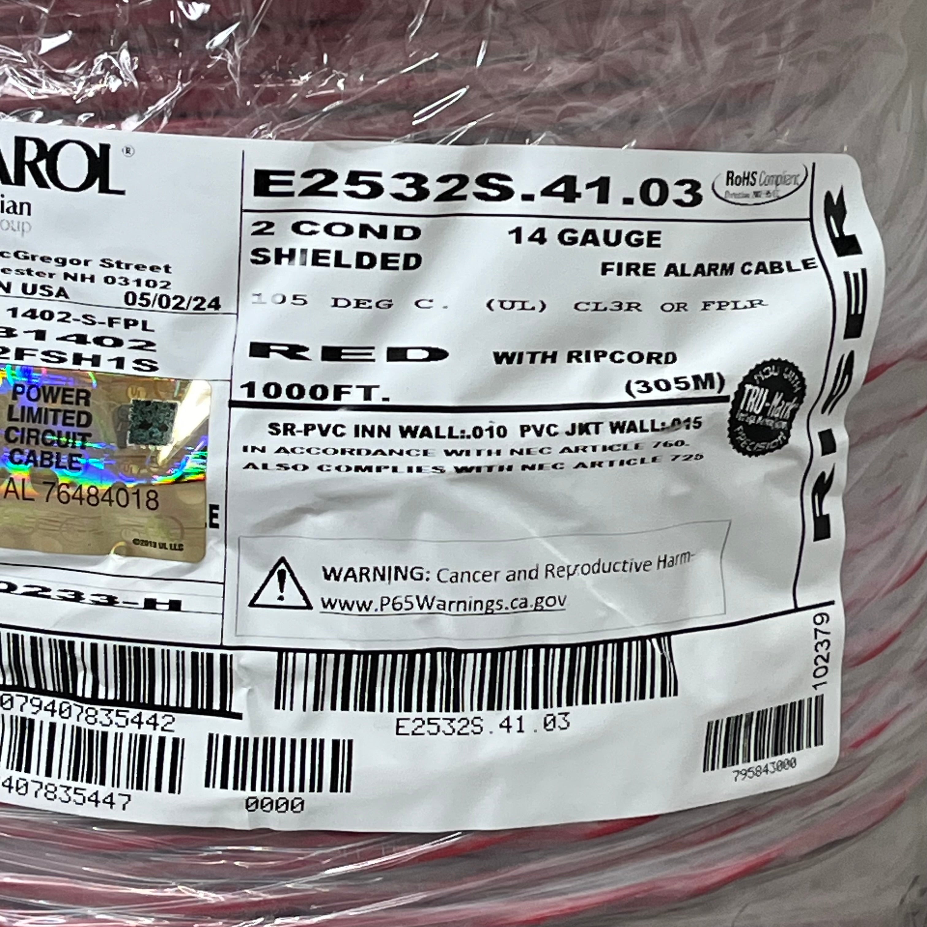 CAROL 2 Conductor Shielded Cable Fire Alarm/Safety 14 Gauge 1000ft E2532S.41.03