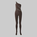 NORMA KAMALI One Shoulder Snake Mesh Catsuit Footsie Women's Sz XL/42 Chocolate