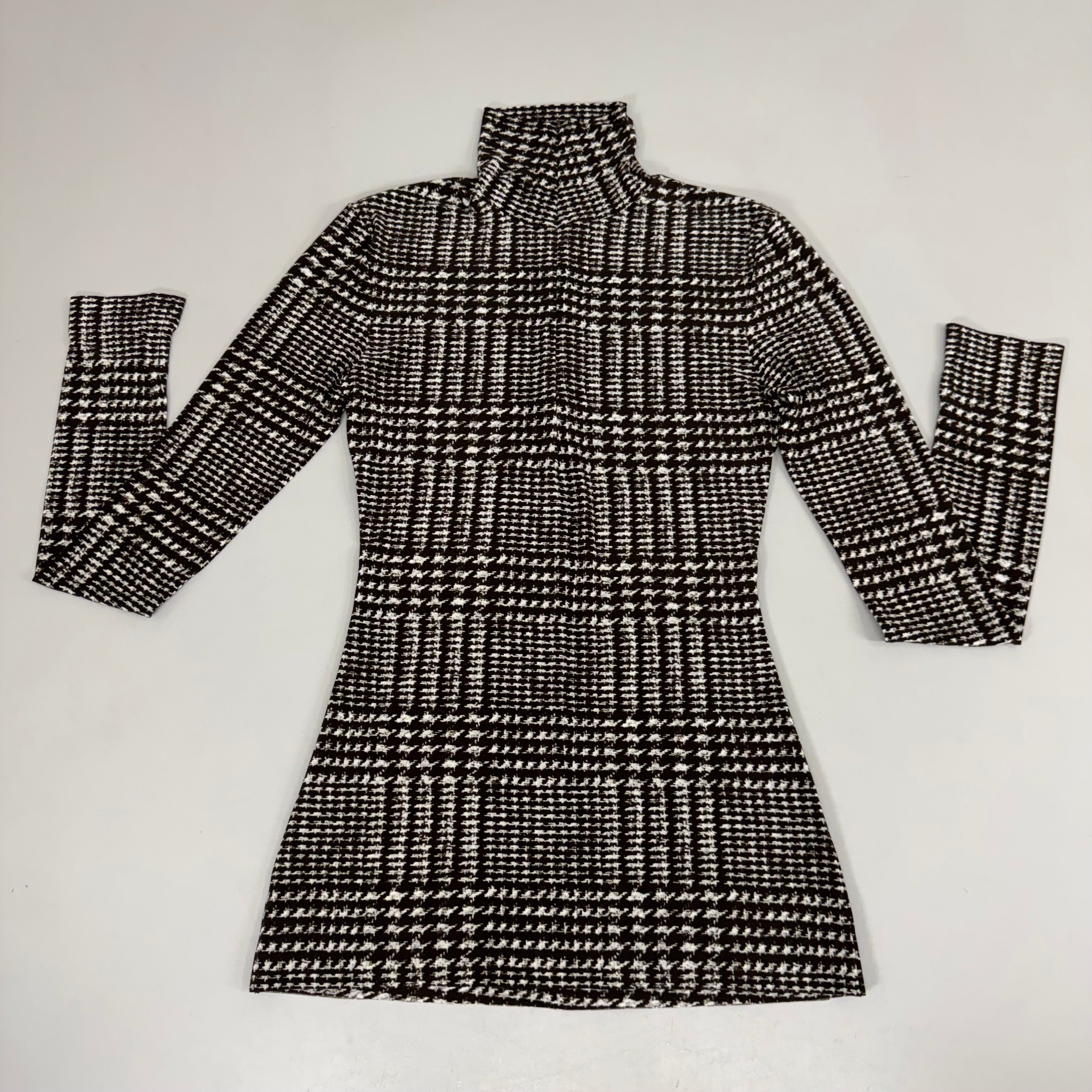 NORMA KAMALI Front Zip Slim Fit Turtle Top Women's Sz XXS/32 Chocolate Plaid Tweed
