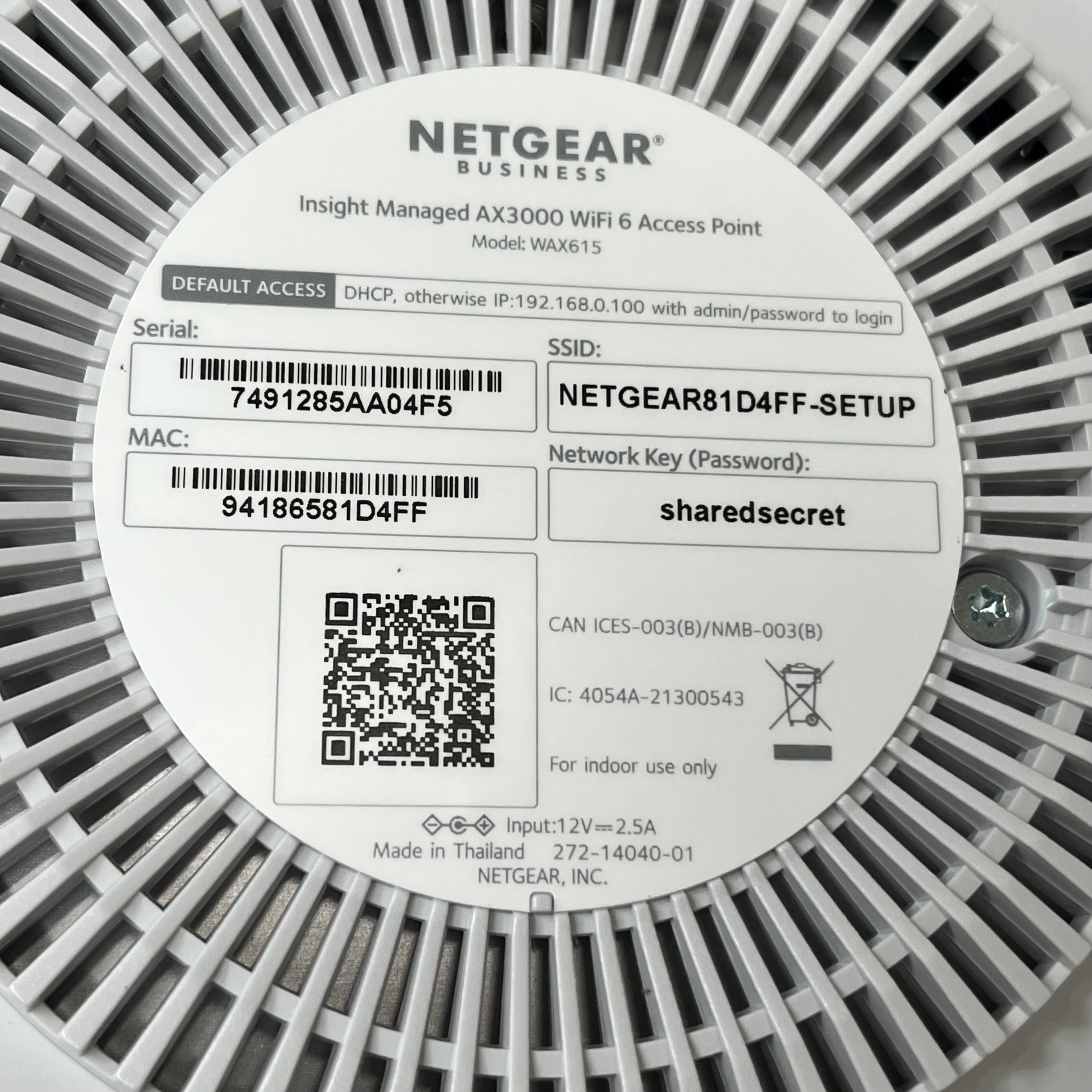 NETGEAR Dual Band PoE Multi-Gig Insight Managed WiFi 6Access Point WAX615-100CNS