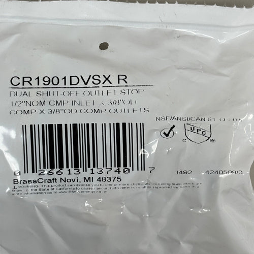 BRASSCRAFT  Dual Shut Off Outlet Stop 1/2" NOm CMP In X 3/8" OD COMP CR1901DVSXR