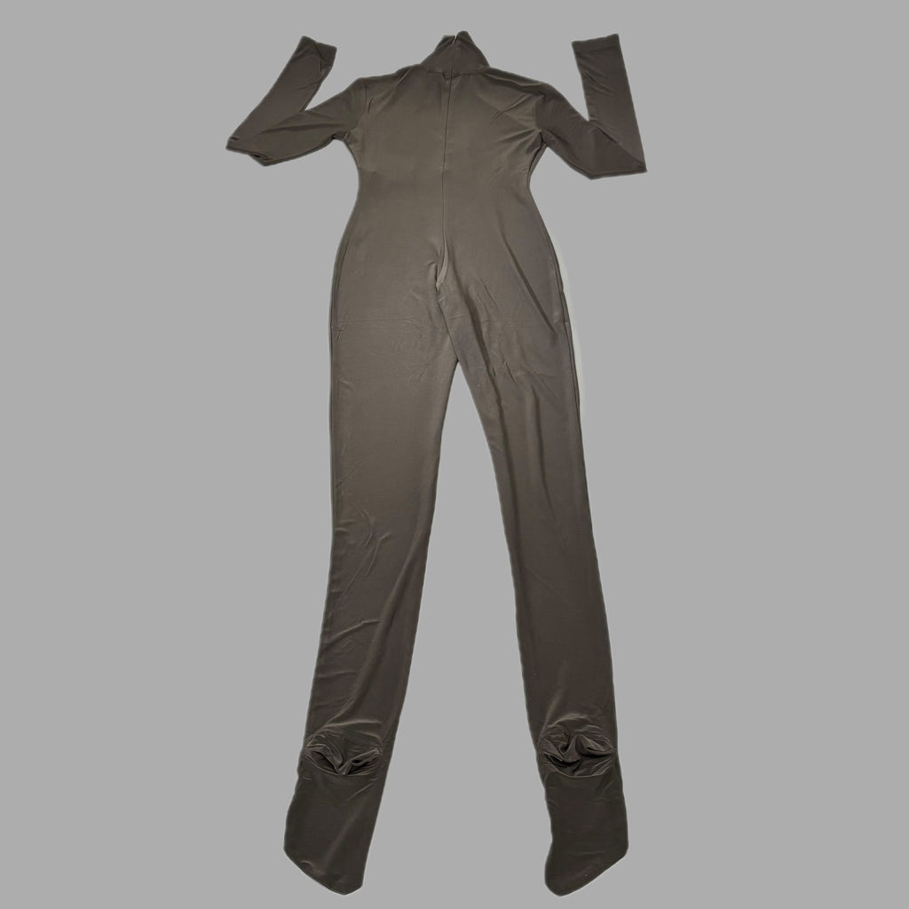 NORMA KAMALI Slim Fit Turtleneck Catsuit w/ Footsie Women's Sz XS/34 Chocolate